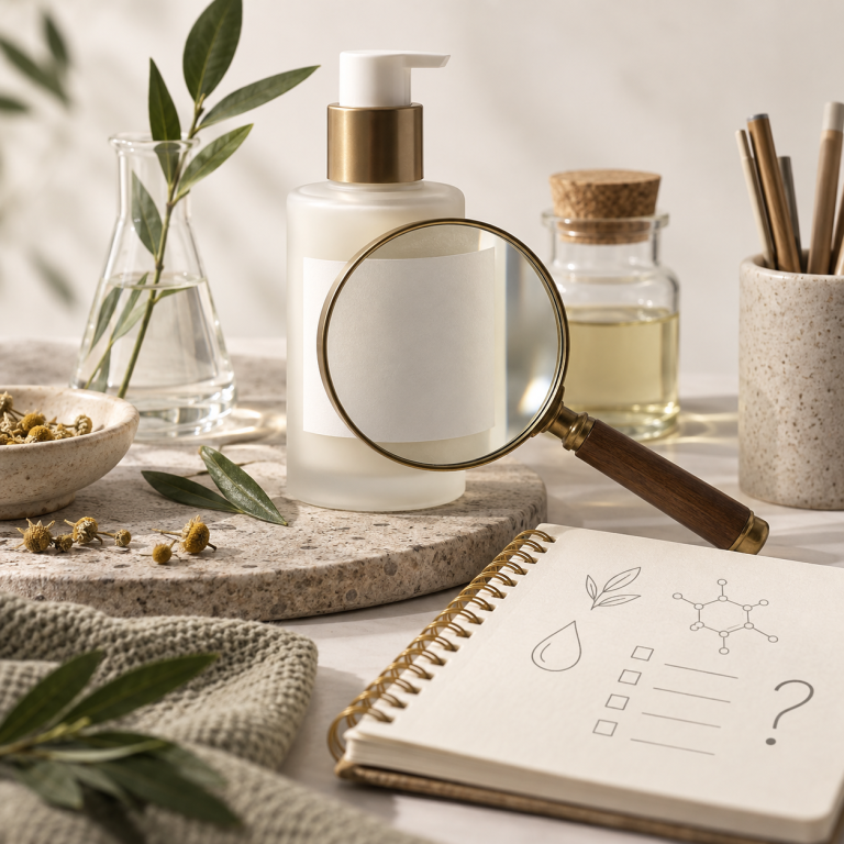 Flacone cosmetico, lente su un'etichetta neutra e quaderno di salute.